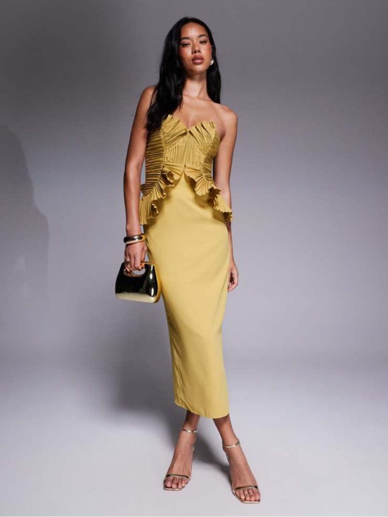 ASOS Dresses & Skirts - ASOS Mustard Yellow Strapless Ruffle Midi Dress